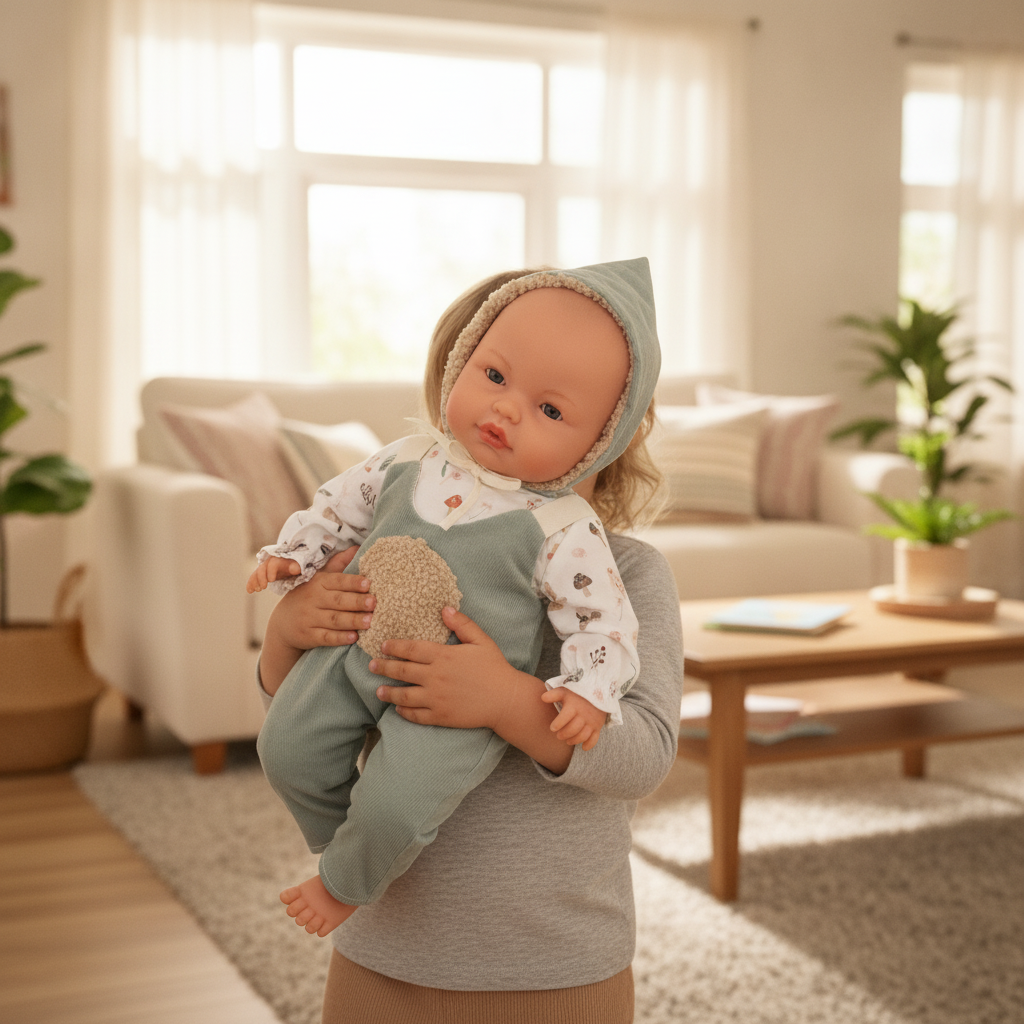 Child carrying and cuddling the Roma Fern Doll in a living room