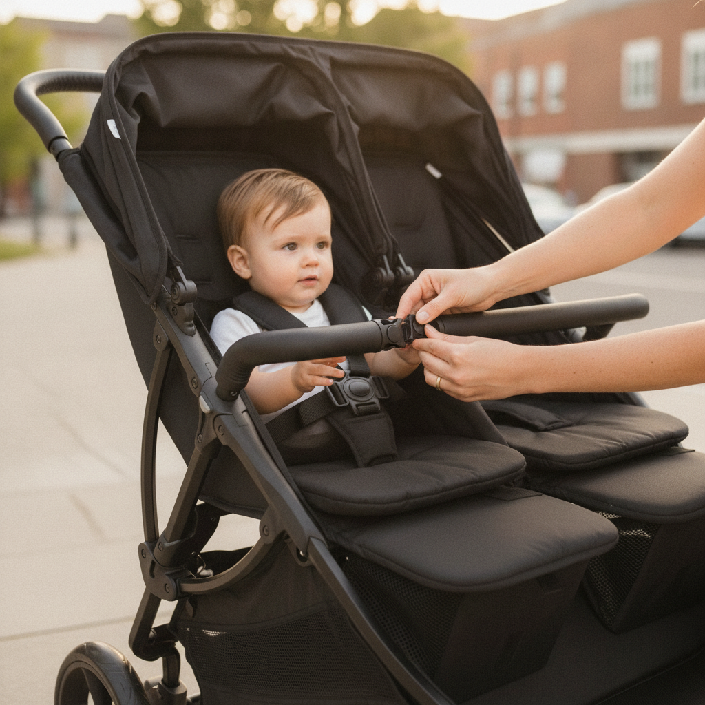 Parent securing the magnetic harness and seat lock on the Roma Gemini 2 pushchair in Jet Black