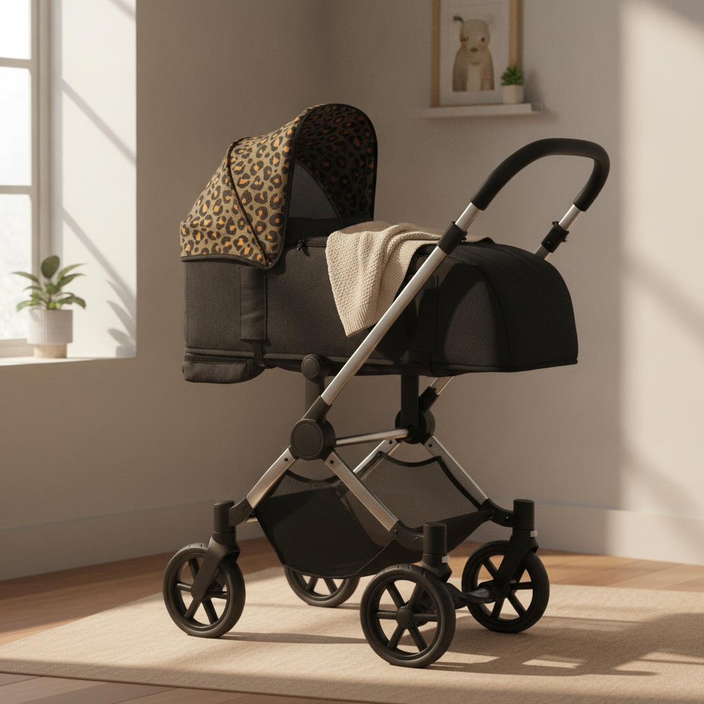 Roma Gemini 2 Carry Cot in Khaki Leopard fitted to the pushchair in a nursery corner