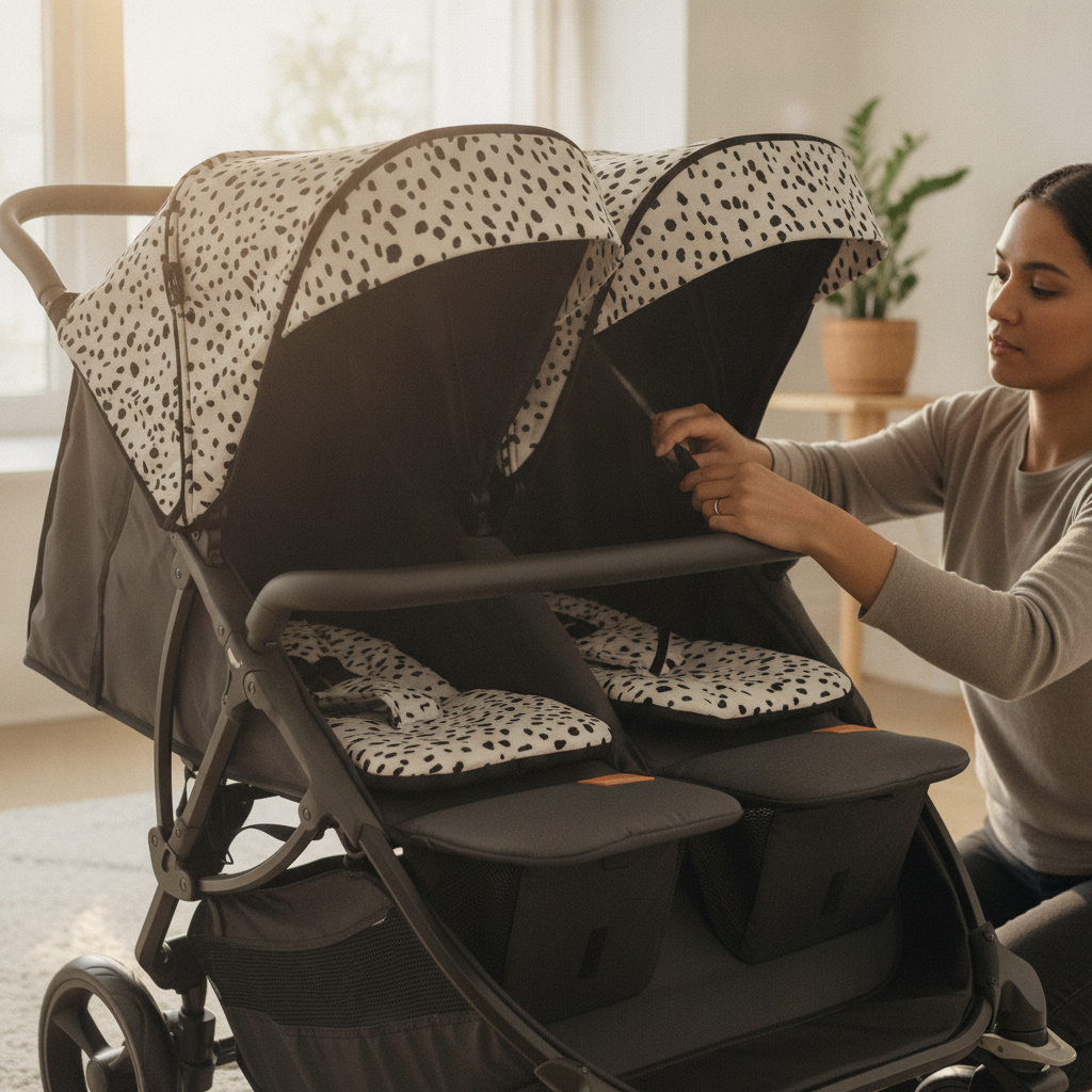 Parent fitting the Roma Gemini 2 Colour Pack in Dalmatian onto the pushchair chassis