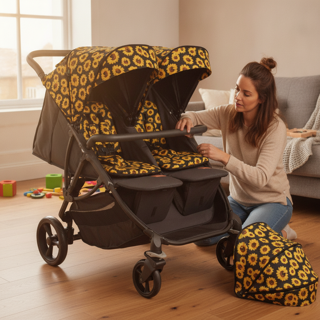Parent fitting the Roma Gemini 2 Colour Pack in Sunflower onto the pushchair chassis