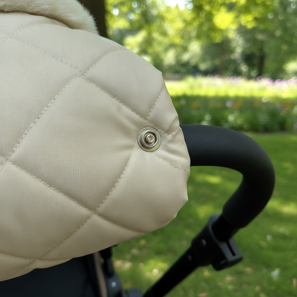 Popper fastening detail on the feather fur hand mitts attached to a pram handle