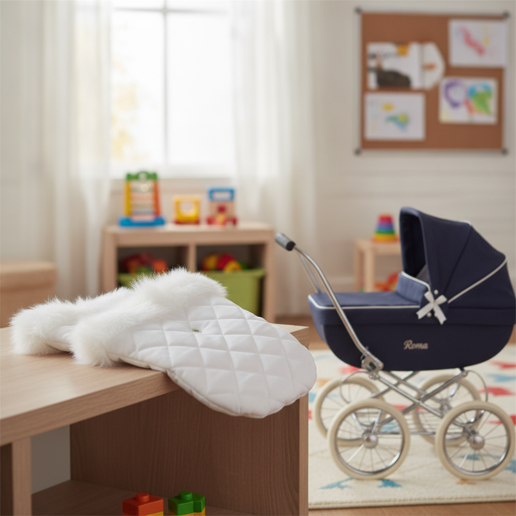 White Roma Dolls Pram Fur Handmuff and matching hood fur shown together as a coordinated set