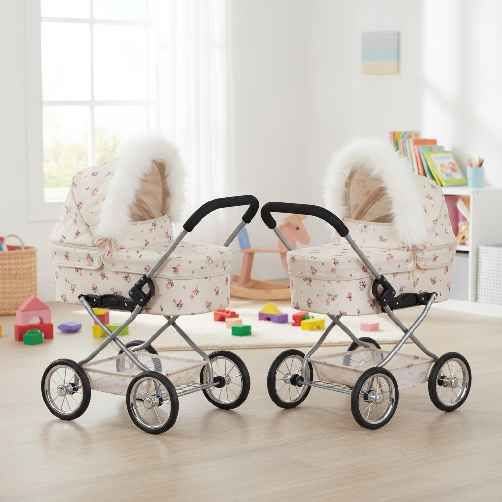 Cream Roma Dolls Pram Hood Fur shown fitted across different Roma dolls pram models
