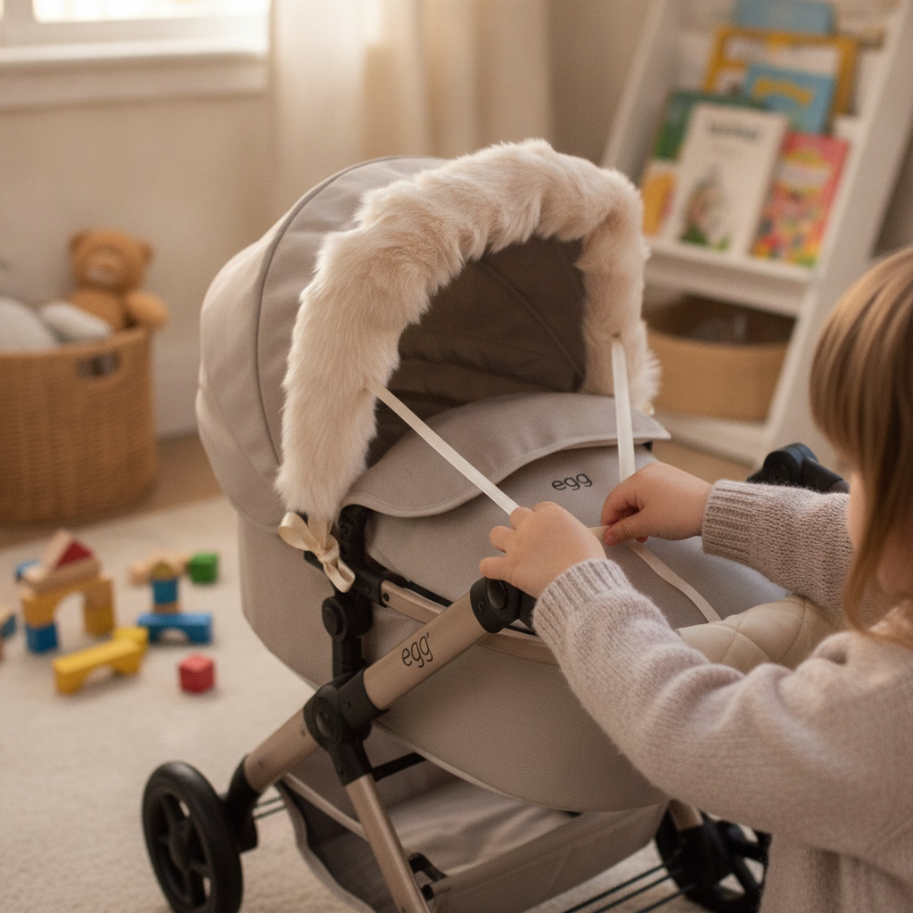 Child's hands tying the feather Roma Dolls Pram Hood Fur onto an egg dolls pram hood