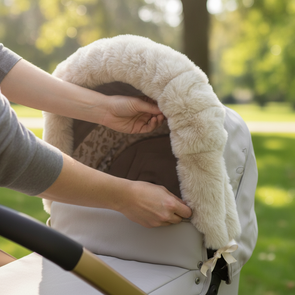 Feather Roma Pram Hood Fur being tied onto a pushchair hood