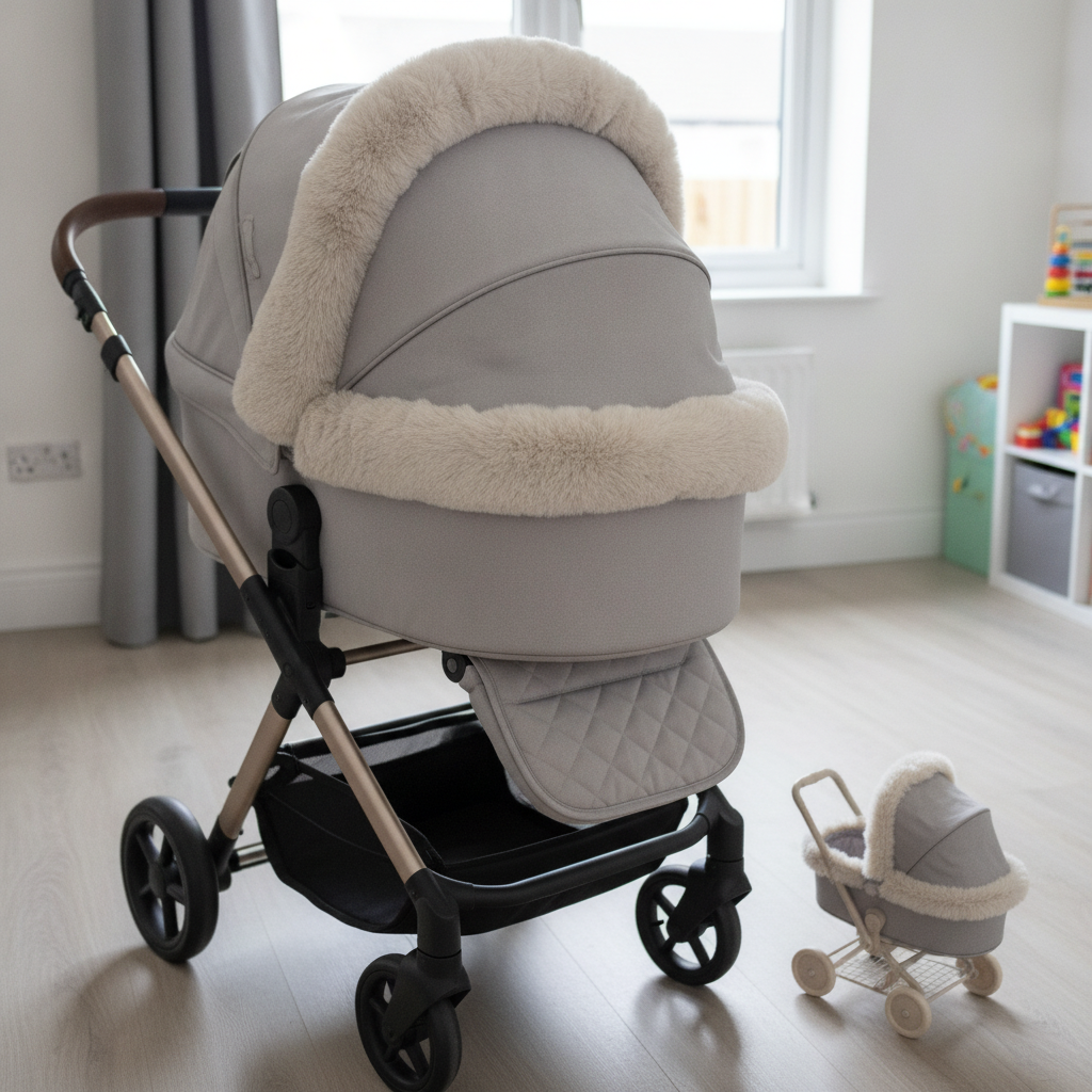 Feather Roma Pram Hood Fur shown fitted to a real pushchair, sized differently from the dolls pram version