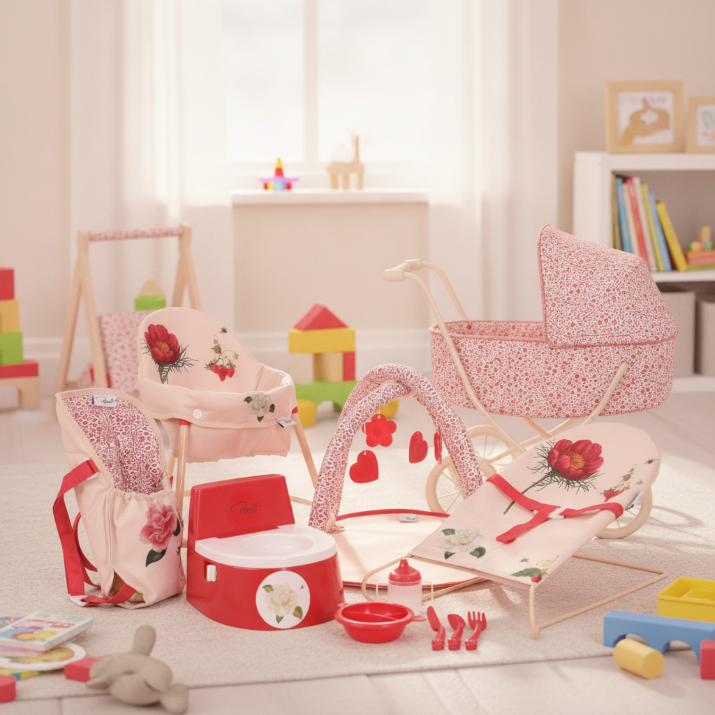 Roma RHS 10 Piece Accessory Set in Flora shown alongside the matching Roma RHS Flora dolls pram