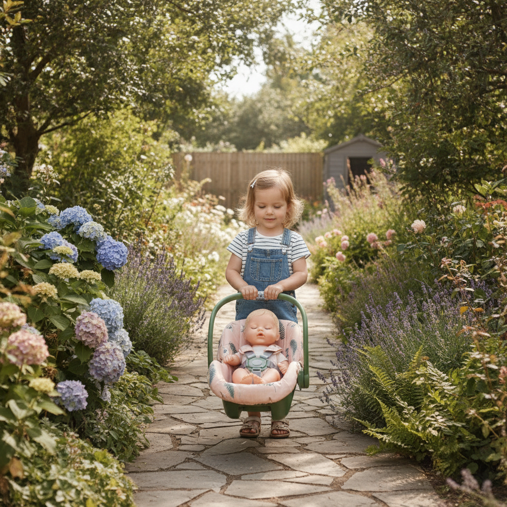 Child carrying the Roma RHS Car Seat in Fern by its handle through a garden, doll strapped in