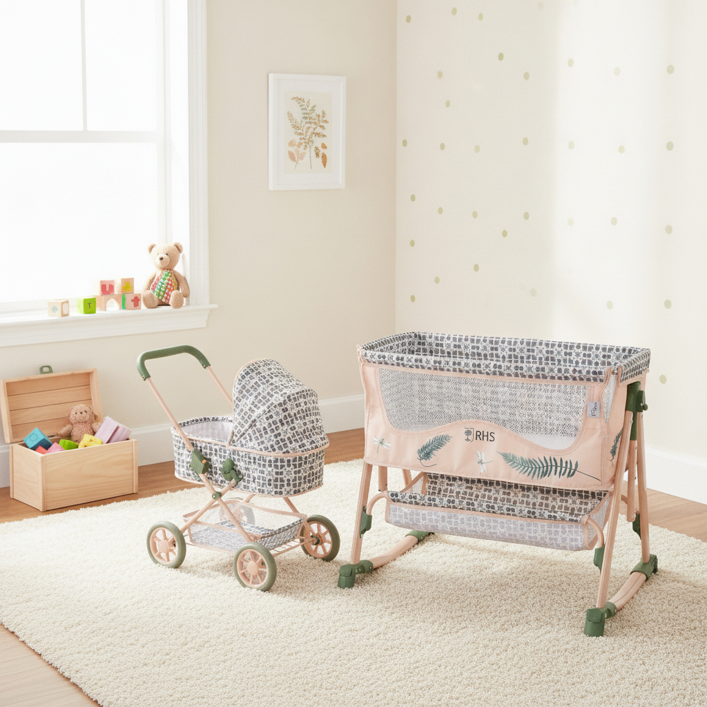 Roma RHS Bedside Crib in Fern shown alongside the matching Roma RHS Fern dolls pram