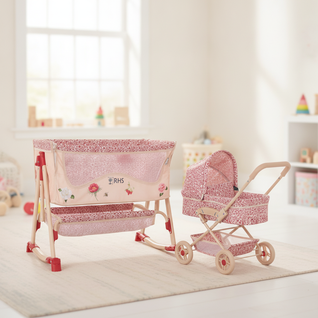 Roma RHS Bedside Crib in Flora shown alongside the matching Roma RHS Flora dolls pram