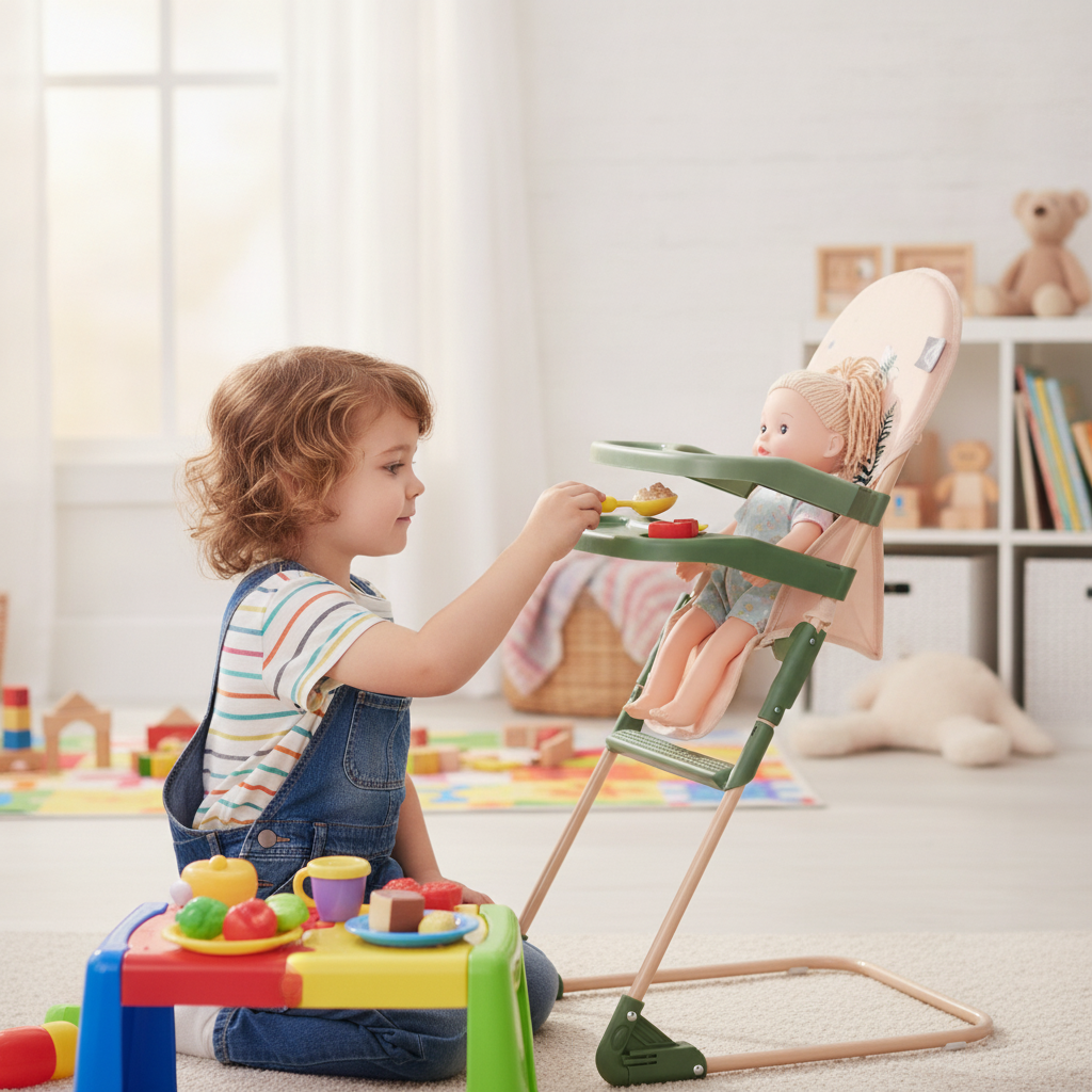 Child feeding a doll seated in the Roma RHS High Chair in Fern during pretend mealtime play