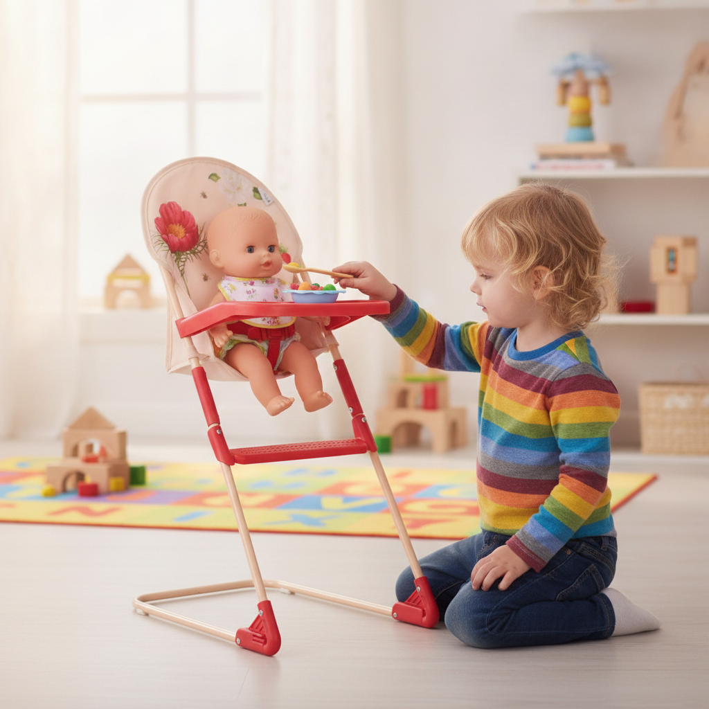 Child feeding a doll seated in the Roma RHS High Chair in Flora during pretend mealtime play