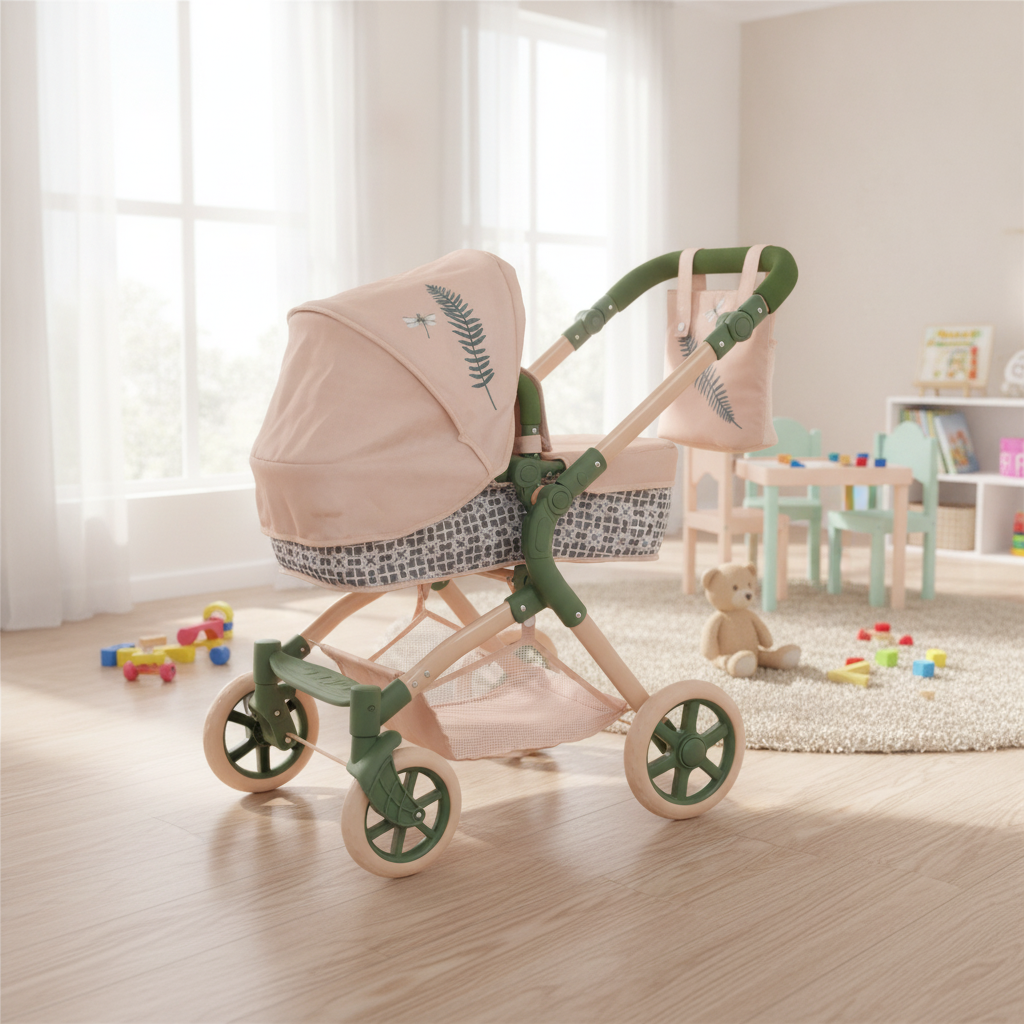 Roma RHS Single Dolls Pram in Fern shown with its coordinating changing bag, apron and shopping basket