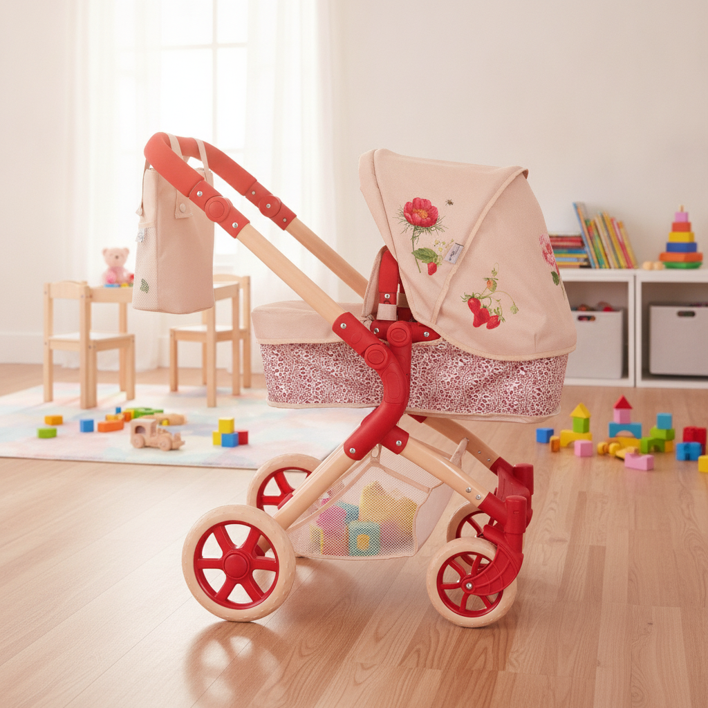Roma RHS Single Dolls Pram in Flora shown with its coordinating changing bag, apron and shopping basket