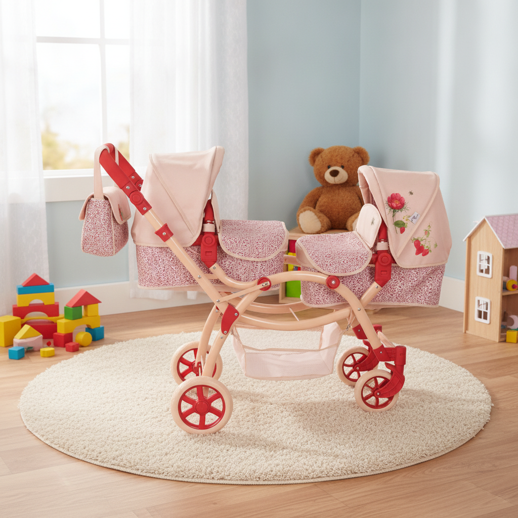 Roma RHS Twin Dolls Pram in Flora shown with its coordinating changing bag, aprons and shopping basket