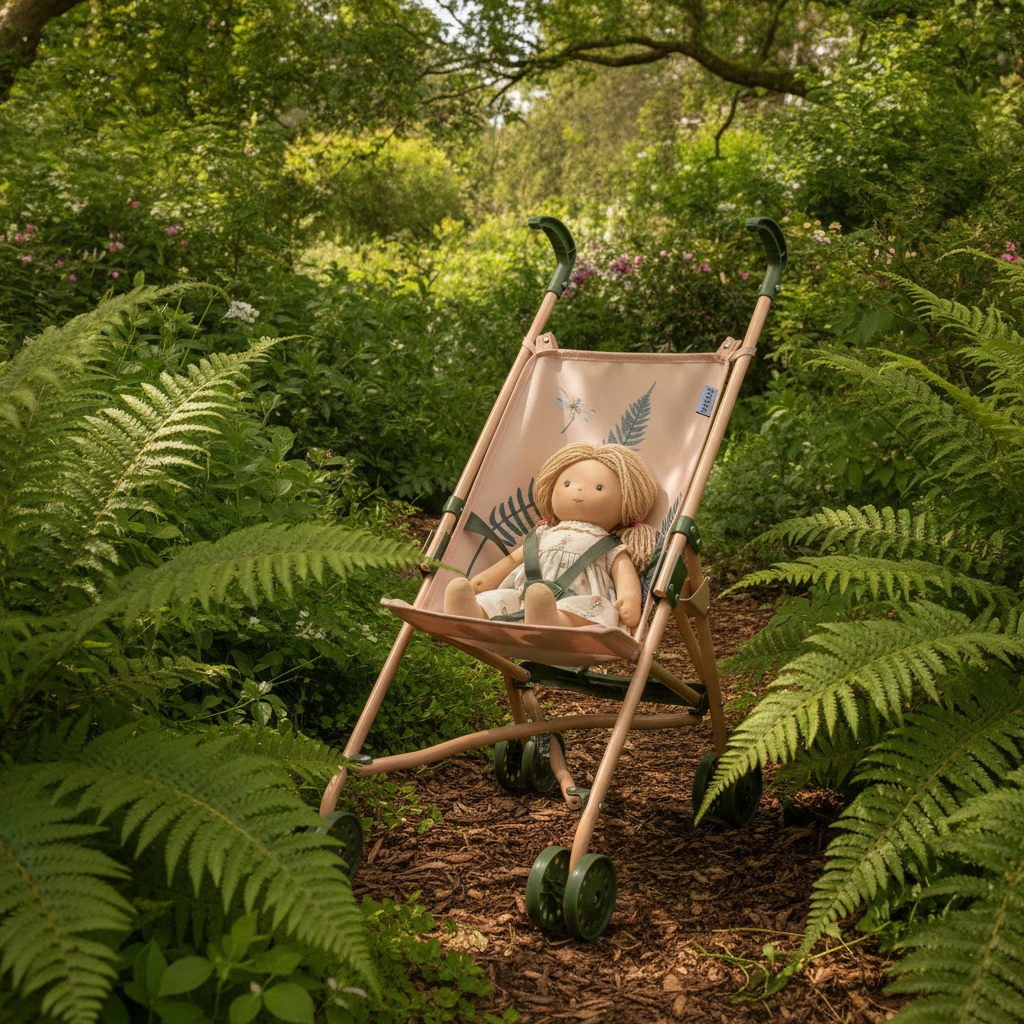 Roma RHS Umbrella Buggy in Fern print styled outdoors in a garden among ferns, with a doll seated inside