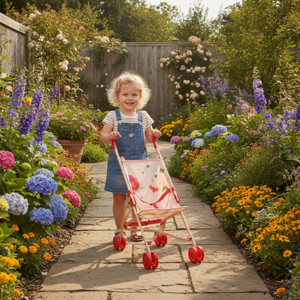 Roma RHS Umbrella Buggy in Flora being pushed by a child along a garden path