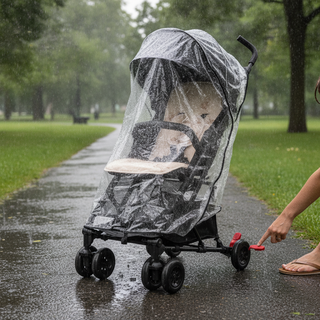 Roma Rizzo 2 Teddy Cream pushchair parked outdoors in the rain with rain cover fitted, parent applying the flip-flop-friendly brake