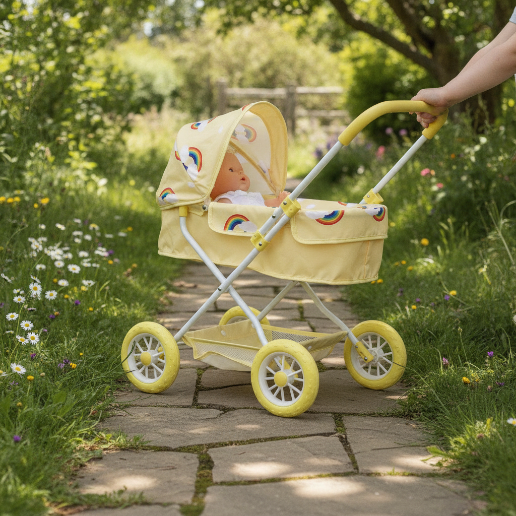 Child pushing the Roma Rupert Dolls Pram in Primrose along a garden path with a doll in the carrycot