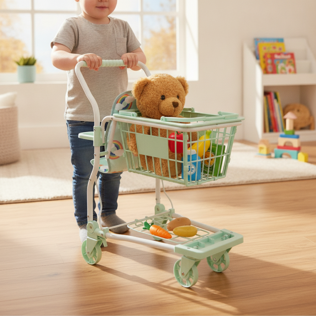 Child pushing the Roma Rupert Shopping Trolley with a teddy seated in the built-in seat