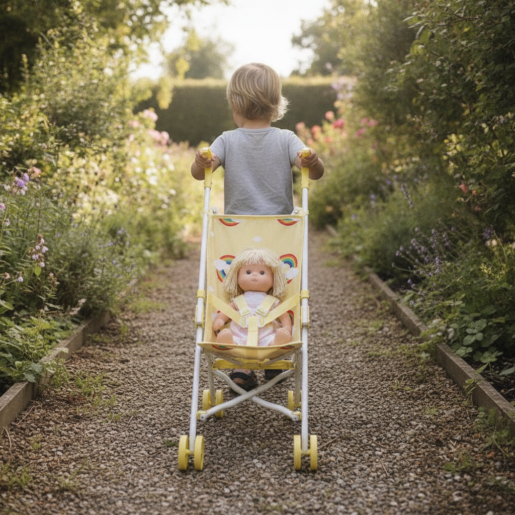 Child pushing the Roma Rupert Umbrella Buggy in Primrose along a garden path with a doll seated inside
