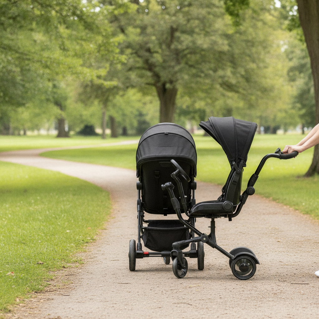Roma Side Rider attached to a pushchair outdoors on a park path with its sun canopy up