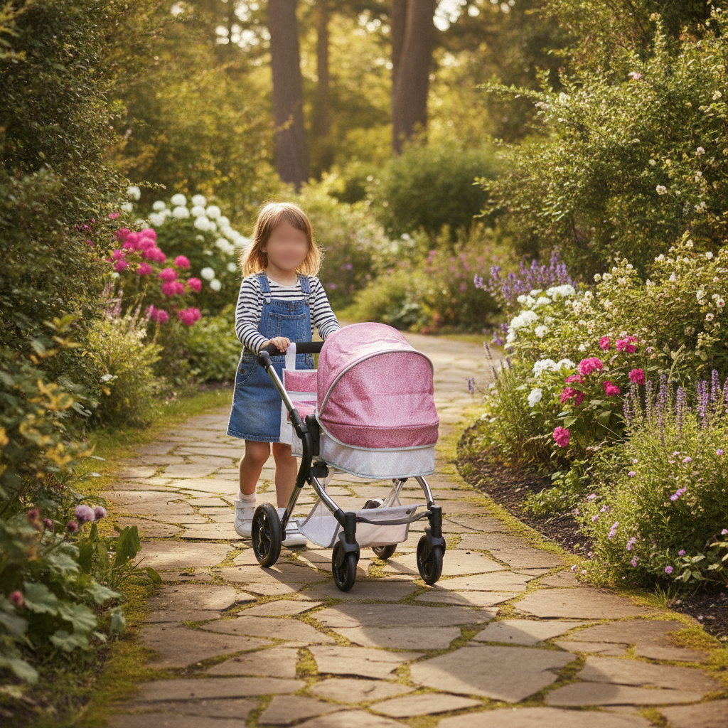 Child pushing the Roma Stephanie Single Dolls Pram in sparkle fabric along a garden path