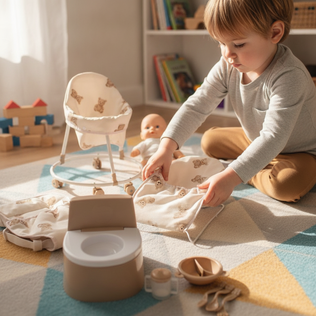 Roma Teddy 10 Piece Accessory Set pieces being arranged for pretend play on a playroom rug