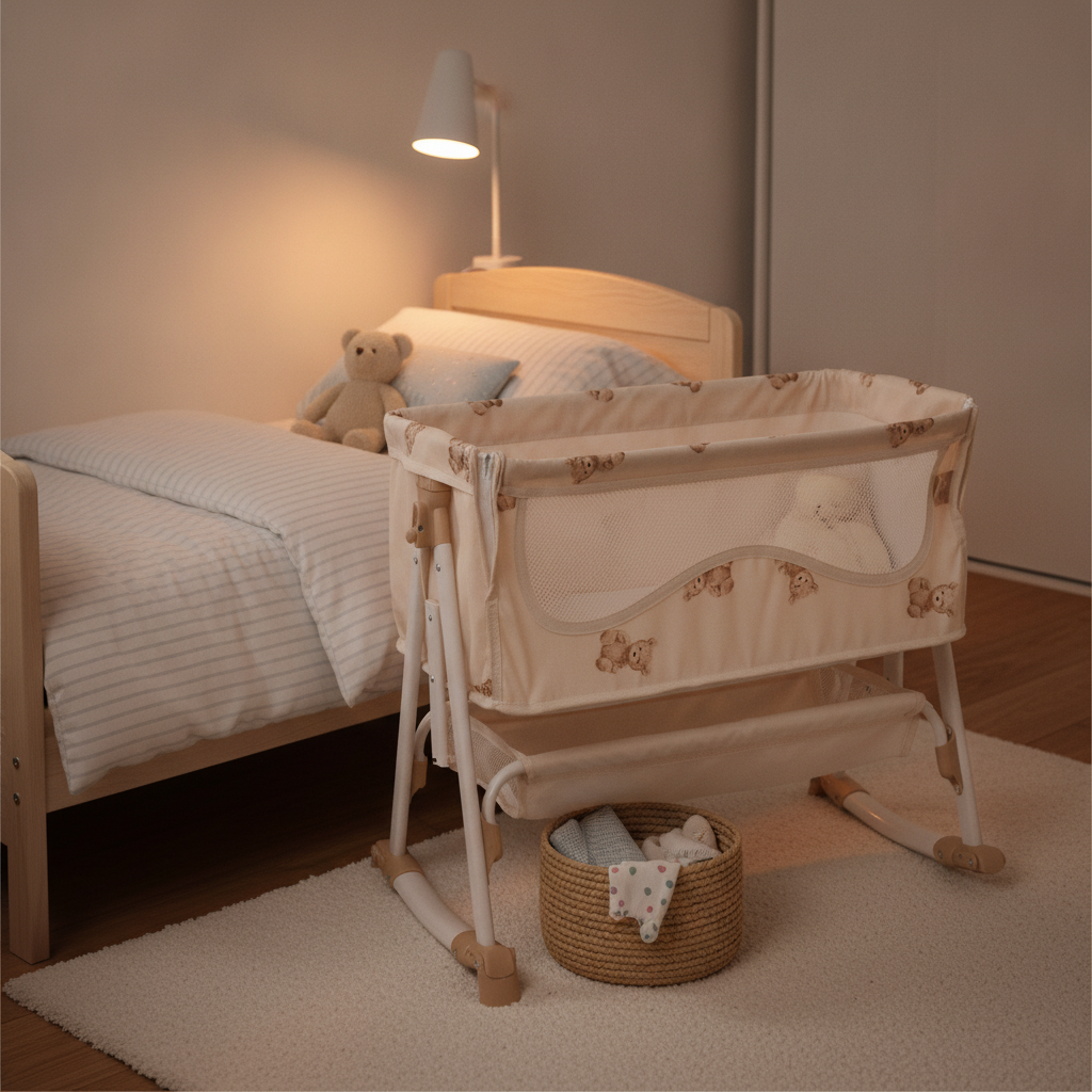 Roma Teddy Bedside Crib positioned beside a child's bed at night, storage basket visible underneath