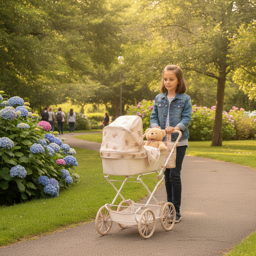 Older child pushing the Roma Teddy Reborn Dolls Pram outdoors with the handle extended taller