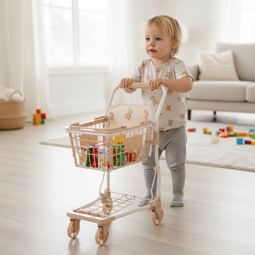 Child pushing the Roma Teddy Shopping Trolley by themselves with miniature food boxes in the basket