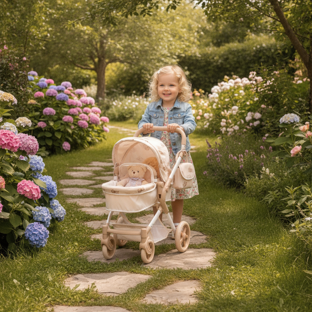 Child pushing the Roma Teddy Single Dolls Pram outdoors with the coordinating changing bag attached