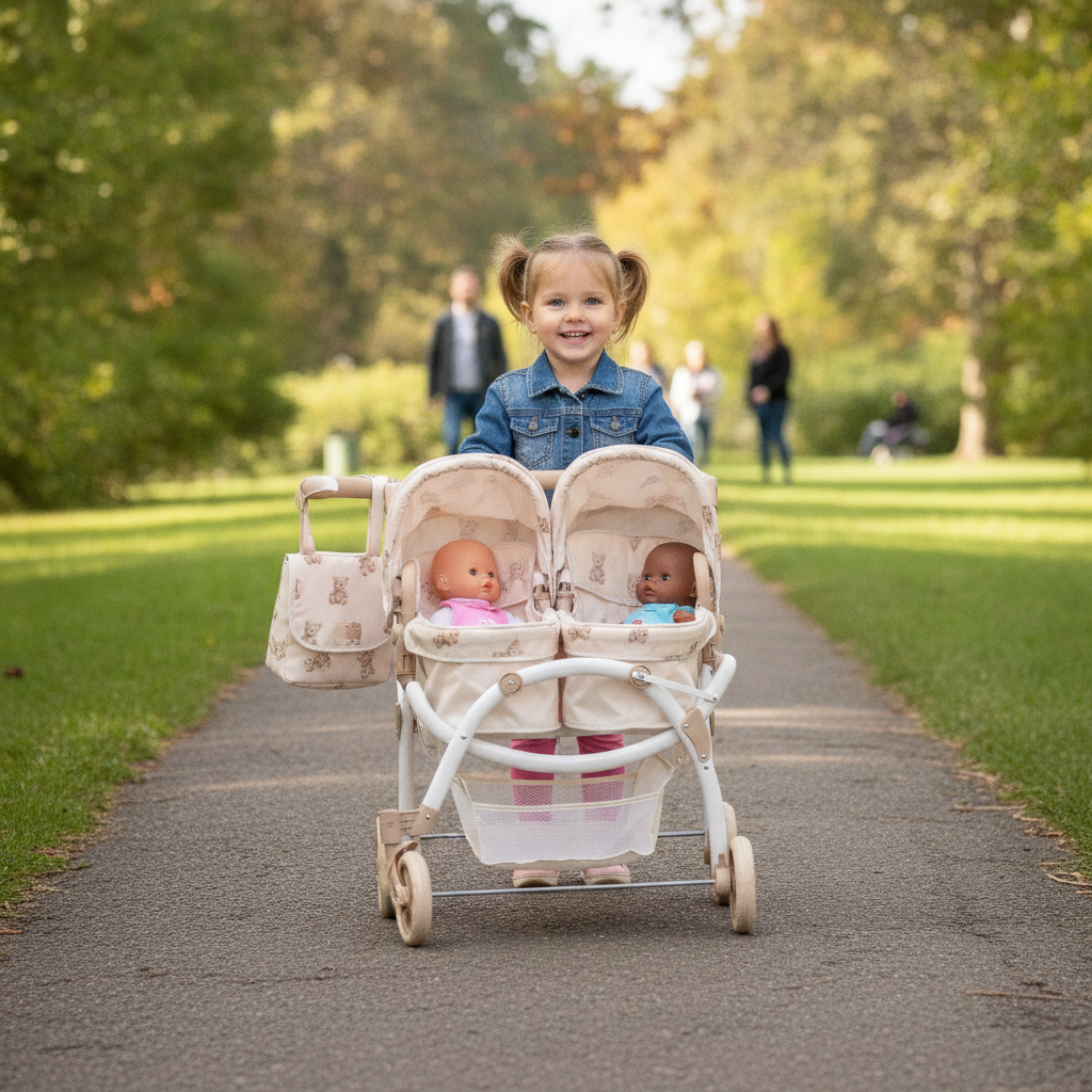 Child pushing the Roma Teddy Twin Dolls Pram outdoors with two dolls seated and the changing bag attached