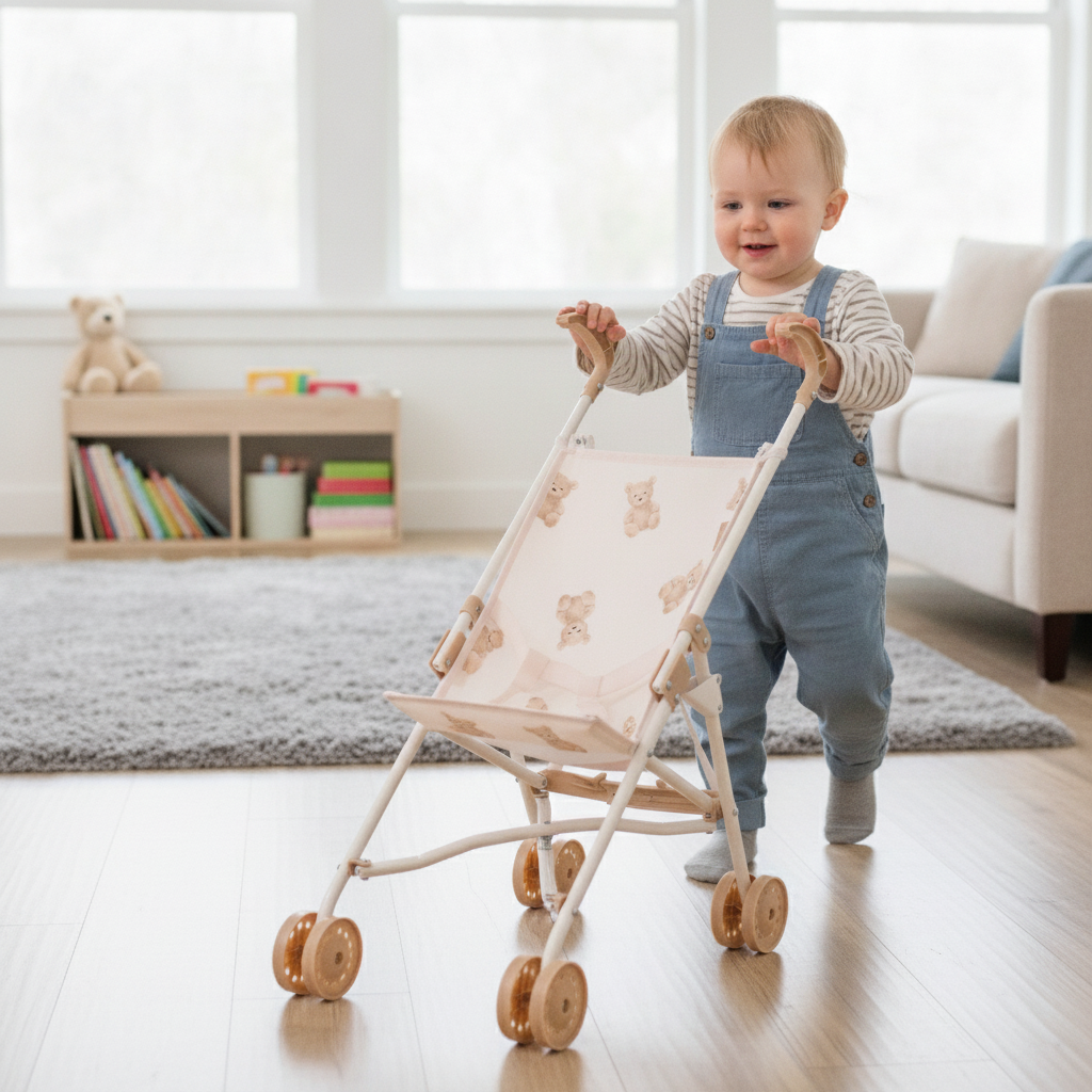 Toddler pushing the Roma Teddy Umbrella Buggy indoors at its low handle height