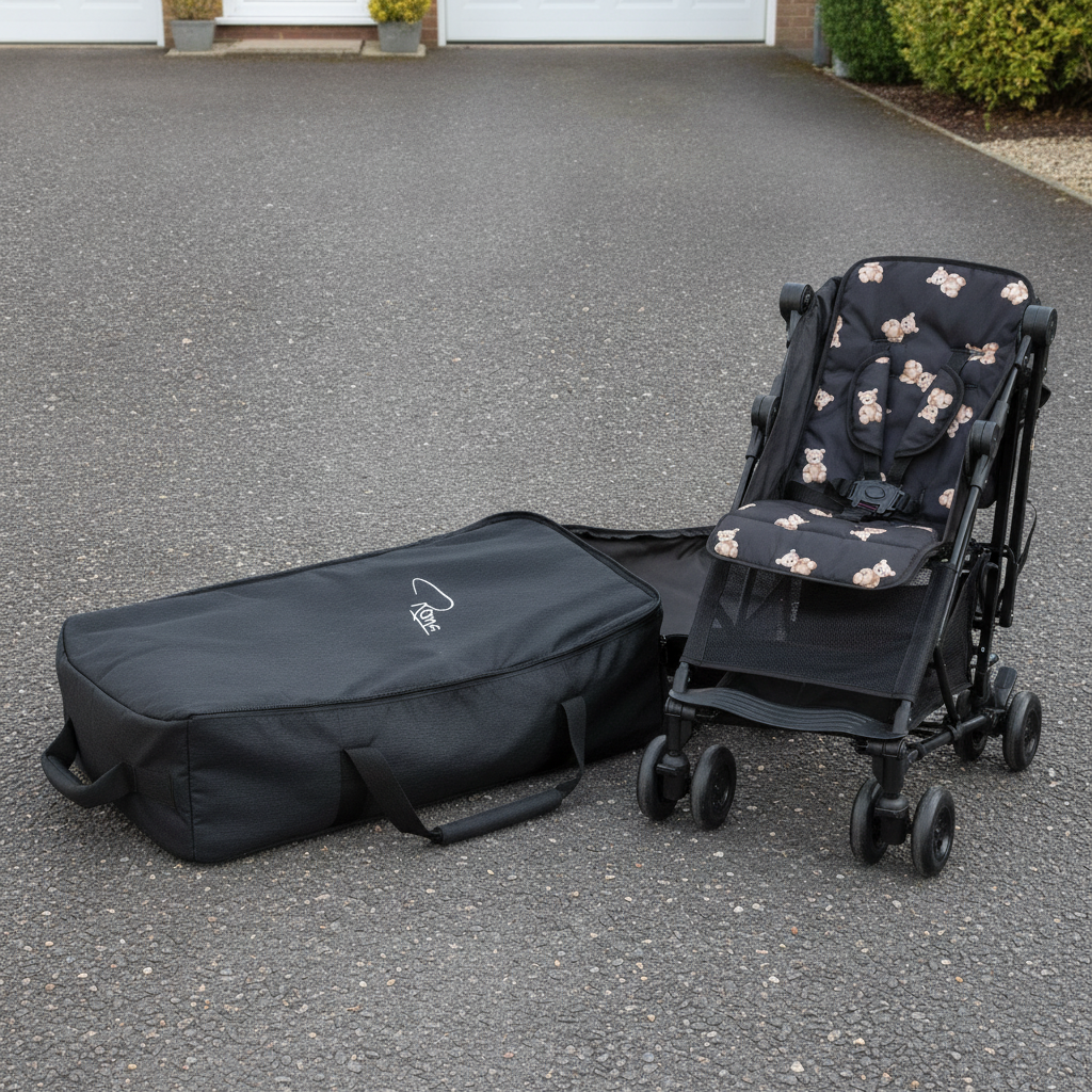 Roma Pram Travel Bag shown next to a folded Roma pushchair, sized to fit without excess bulk