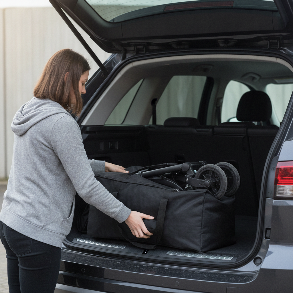 Roma Pram Travel Bag zipped up and being placed into a car boot, protecting the pushchair frame