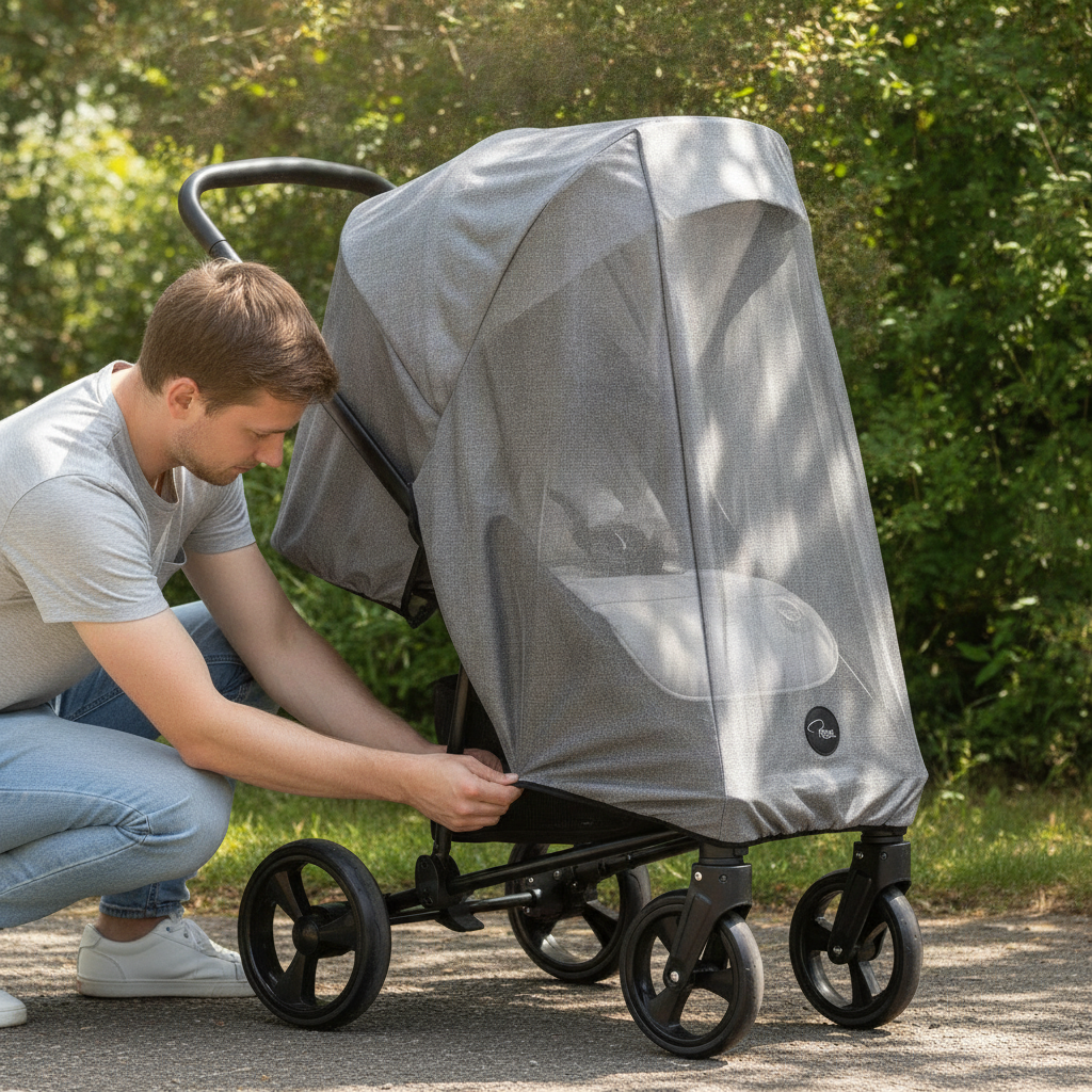 UPF 50 UV and insect net fitted over a pushchair seat unit outdoors on a sunny day