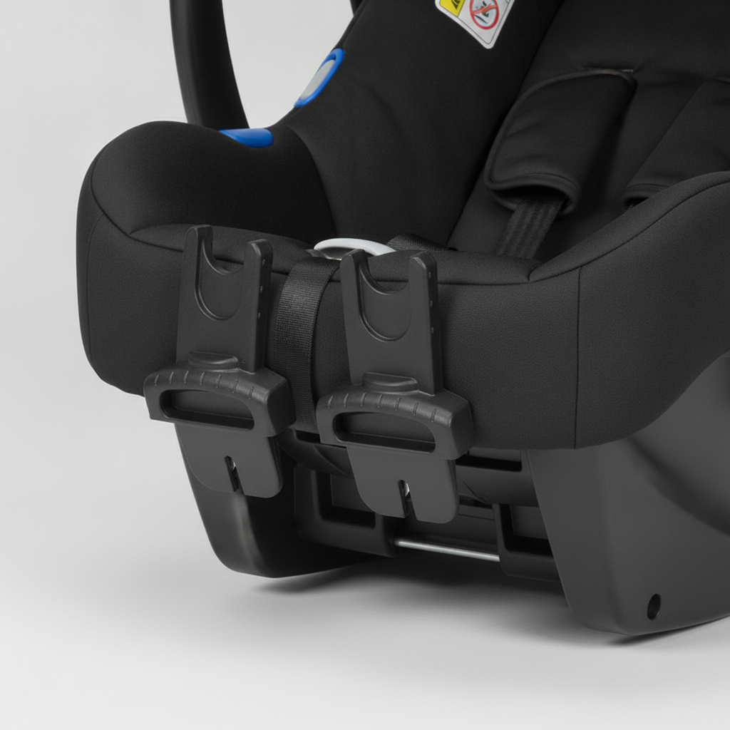 Roma Vita/Moda Car Seat Adaptors shown with a car seat clicked securely onto them