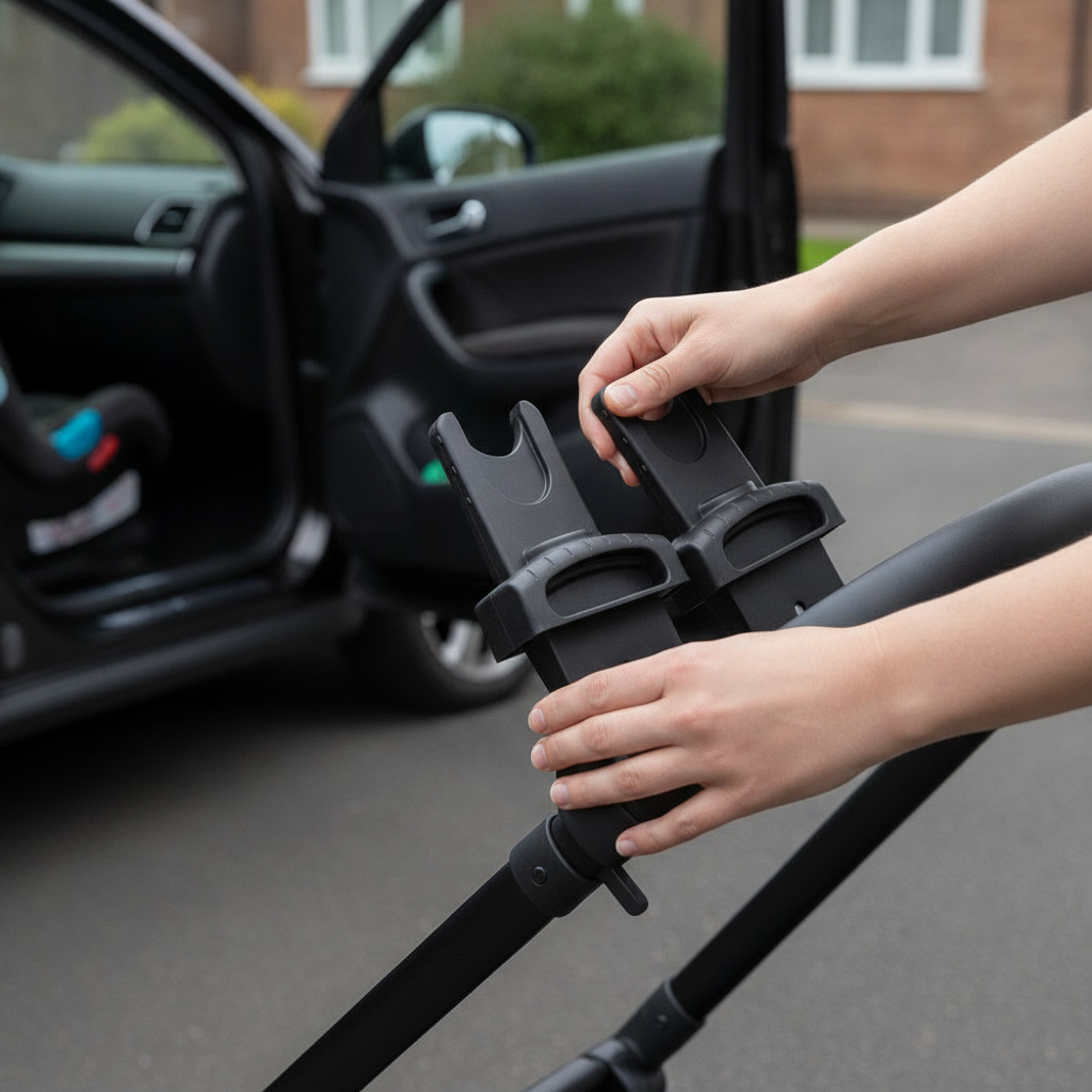 Parent checking the secure click-fit of the Roma Vita/Moda Car Seat Adaptors at the car door