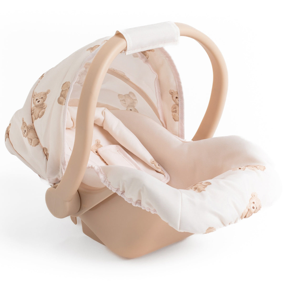 Roma Teddy Dolls Car Seat, cream shell with teddy print fabric and retracting hood, three-quarter view