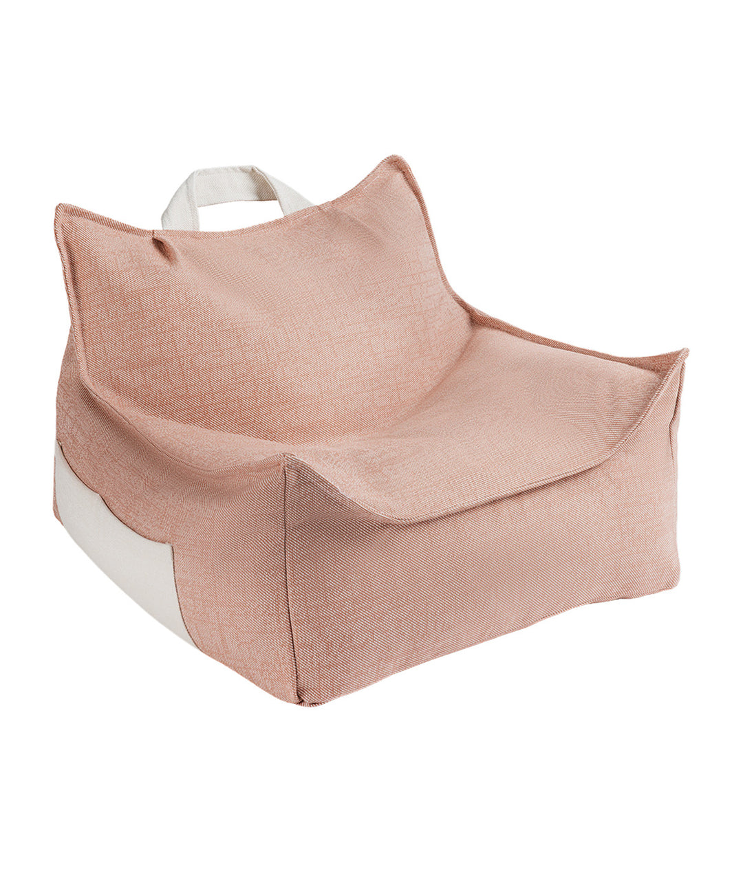 Soft pink rectangular bean bag chair with white base, product detail view