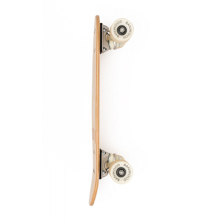 Banwood skateboard side profile showing cream wheels with brand lettering