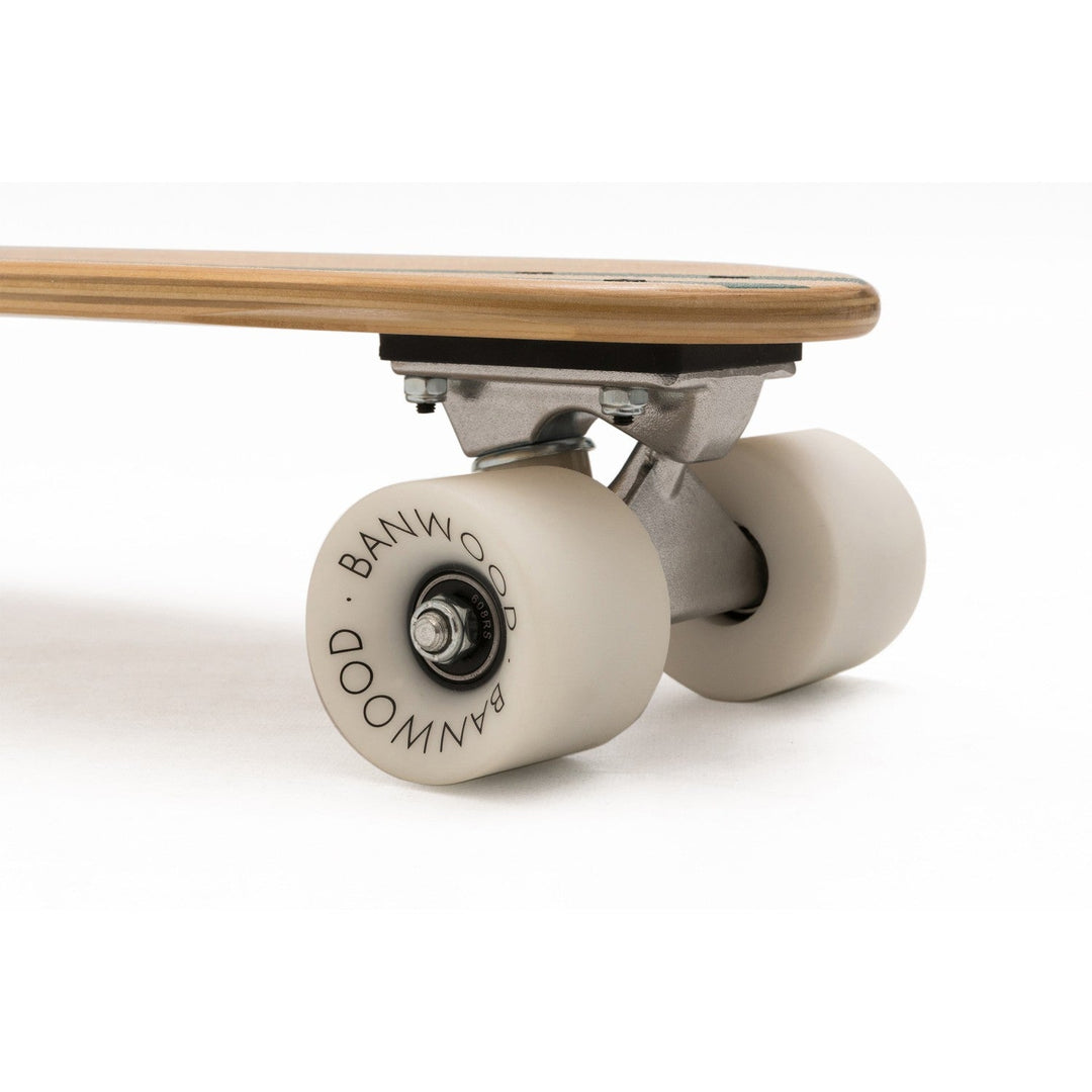 Base view of Banwood skateboard showing wheels with grip tape detail