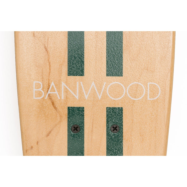 Banwood skateboard packaging box lid showing green grip tape stripe design