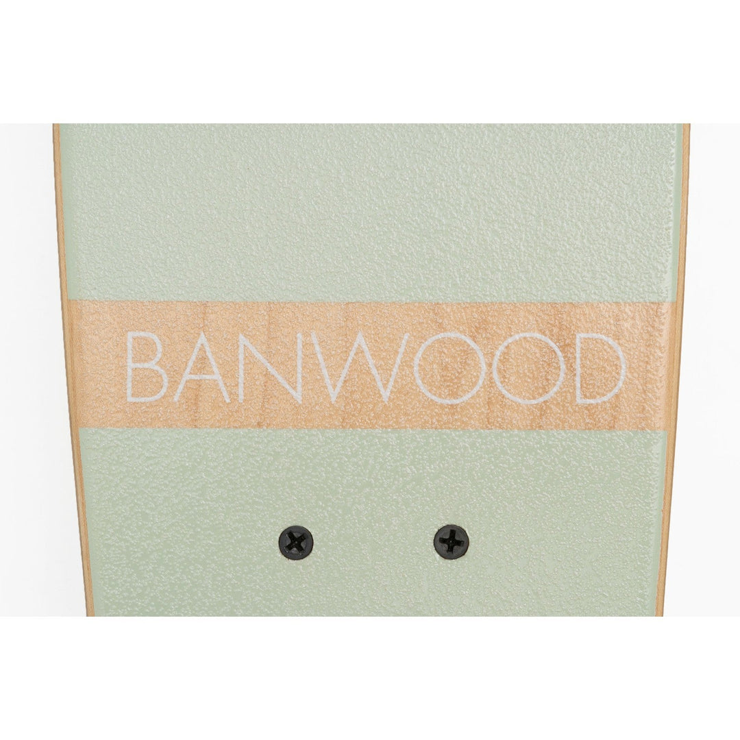 Banwood brand stripe detail on mint skateboard grip tape with mounting points