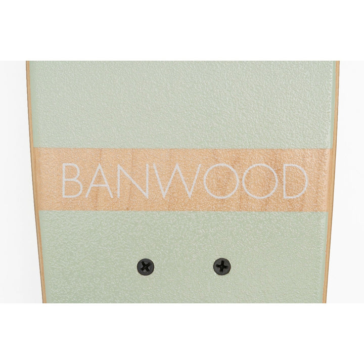 Banwood brand stripe detail on mint skateboard grip tape with mounting points