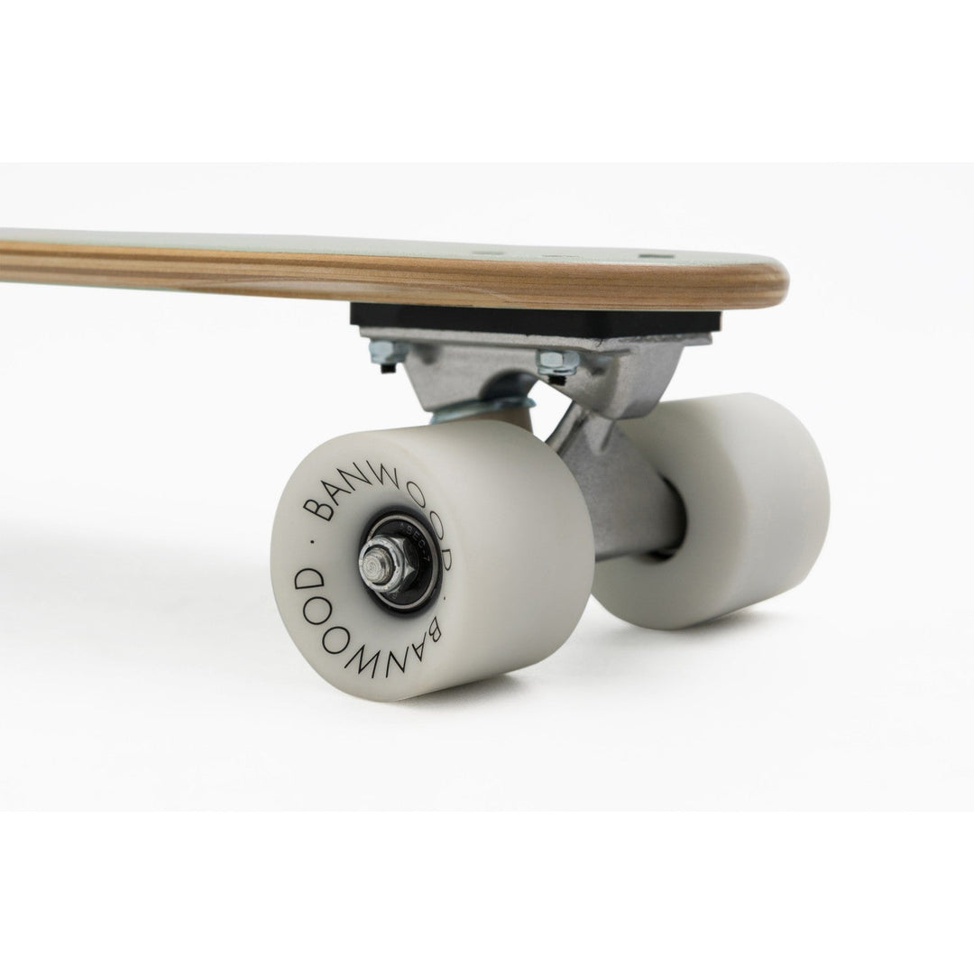 Banwood skateboard wheel and truck close-up showing chrome bearing detail