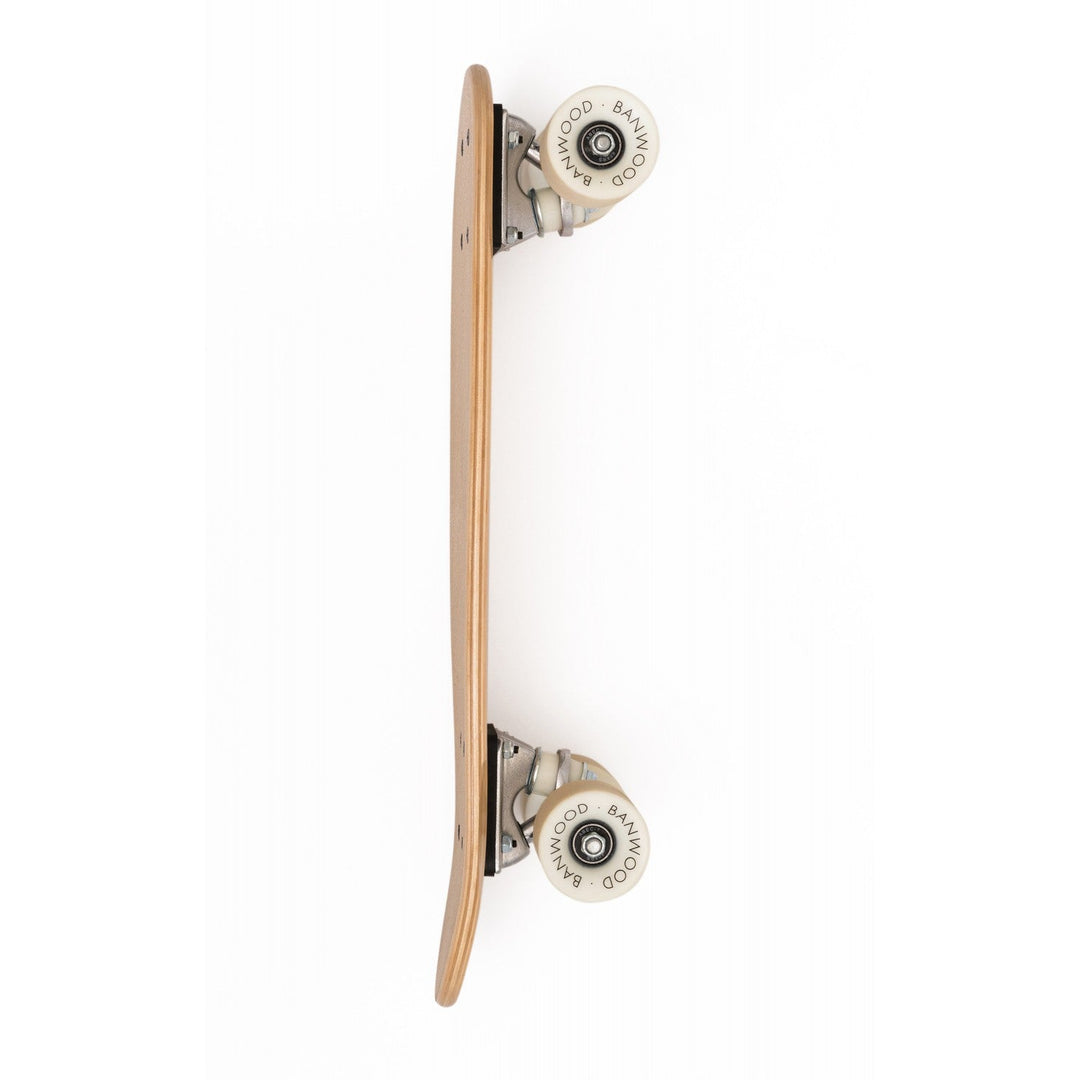 Banwood skateboard side profile with cream wheels and bearings visible