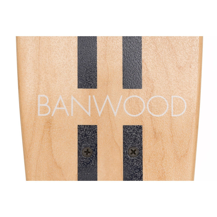 Banwood skateboard deck flat lay showing wood texture and grip tape detail